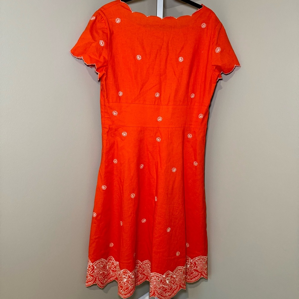 Coldwater Creek Orange White Linen Embroidered Dress‎ Scalloped Size 12 hanging - Picture 4 of 6